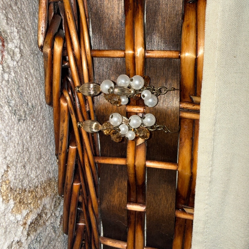 Handmade Faux Pearl and  Gold Tone Dangle Earrings